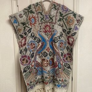 Vintage Traditional Mexican Hand-embroidered Poncho or Huipil Peacocks Flowers